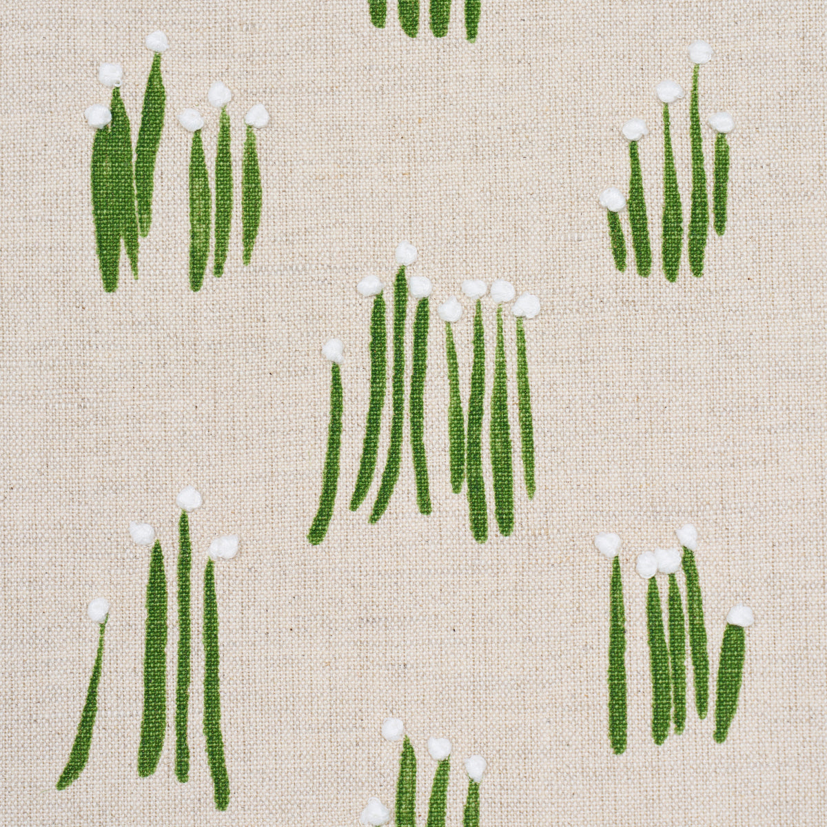Beige linen fabric with a repeating botanical print of green vertical stalks topped with white pom-poms.