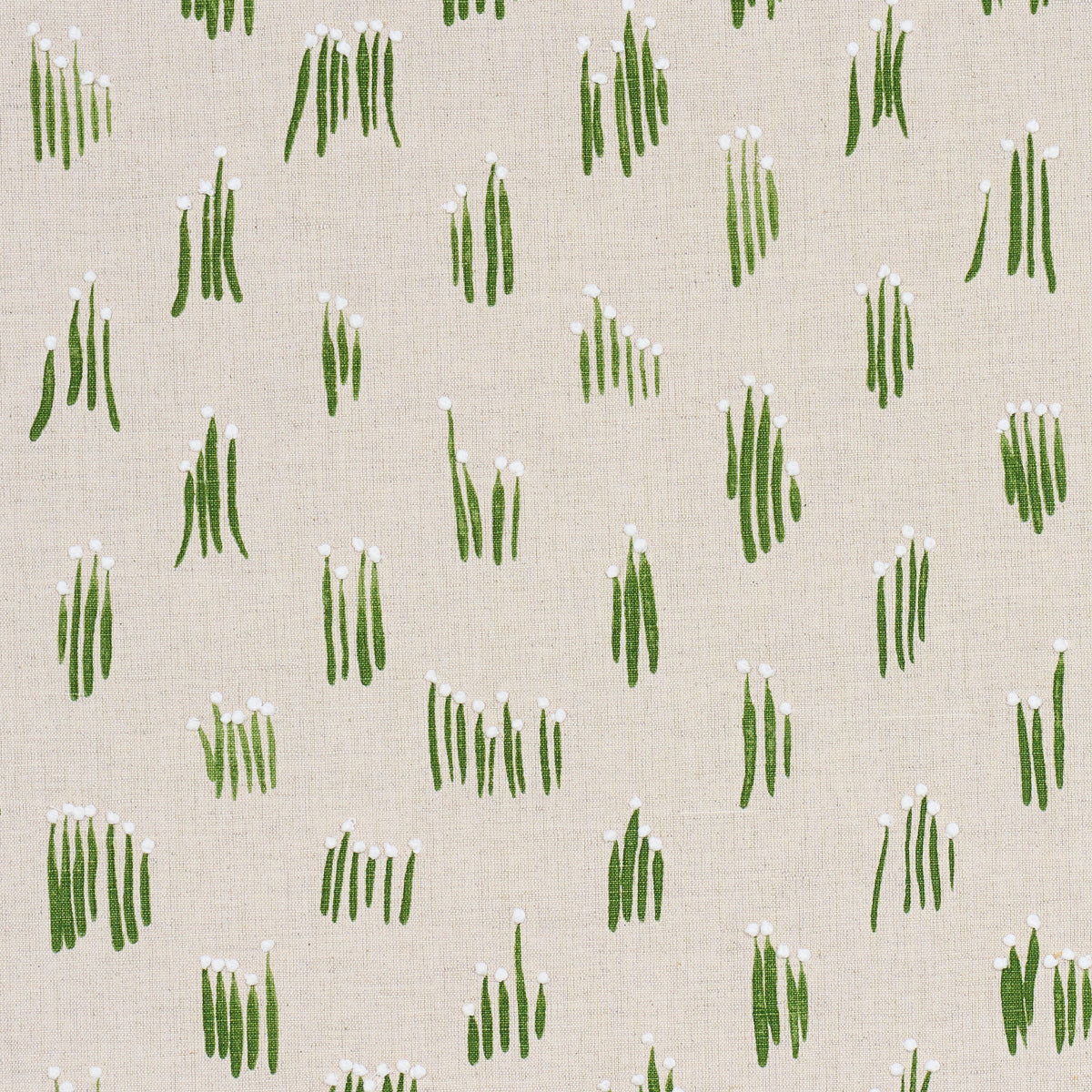 Neutral woven fabric with hand-embroidered details and button accents.