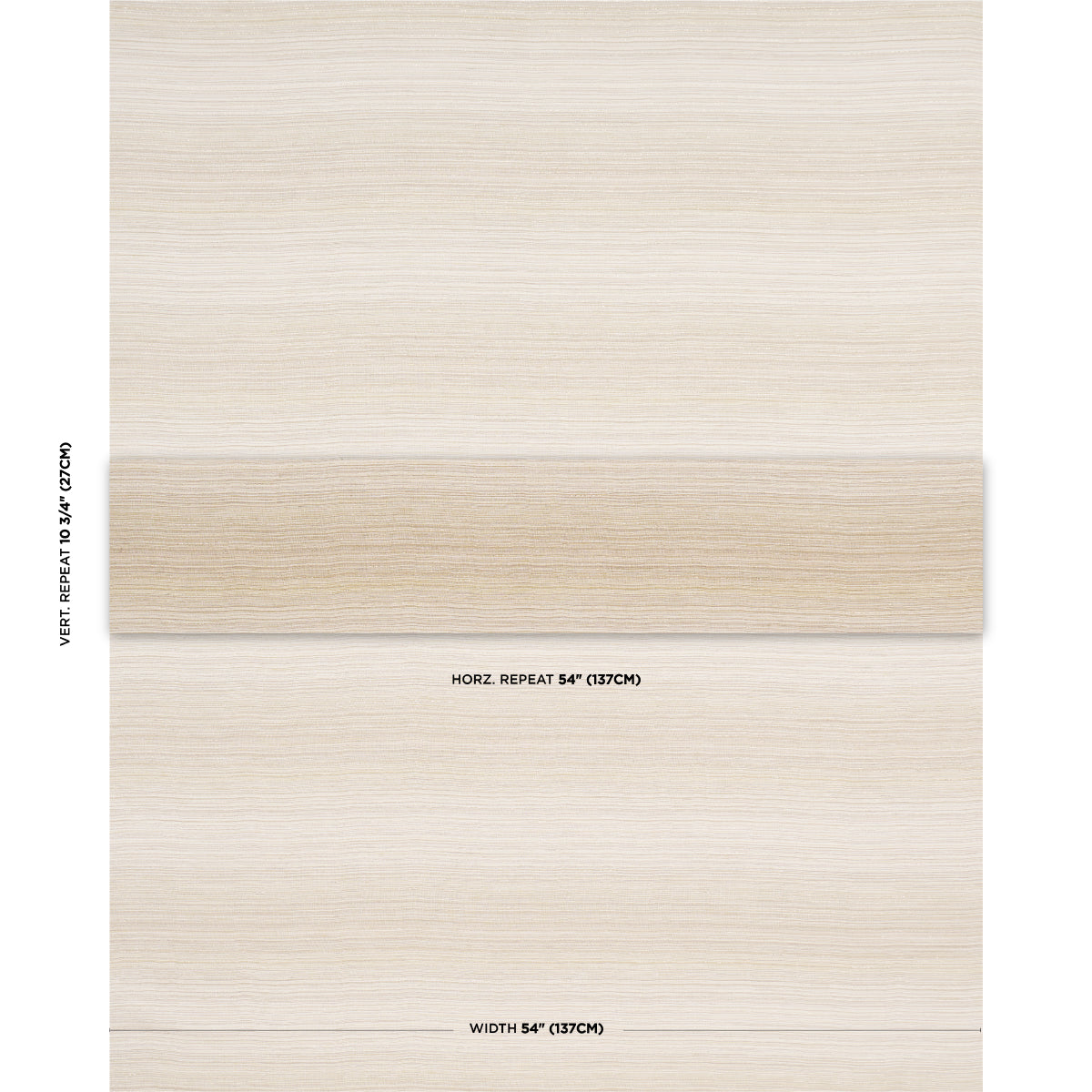 Beige wallpaper swatch with light wood-grain texture in three horizontal panels; includes repeat and width markings.