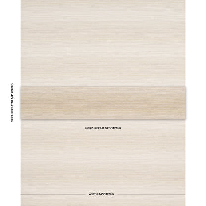 Beige wallpaper swatch with light wood-grain texture in three horizontal panels; includes repeat and width markings.