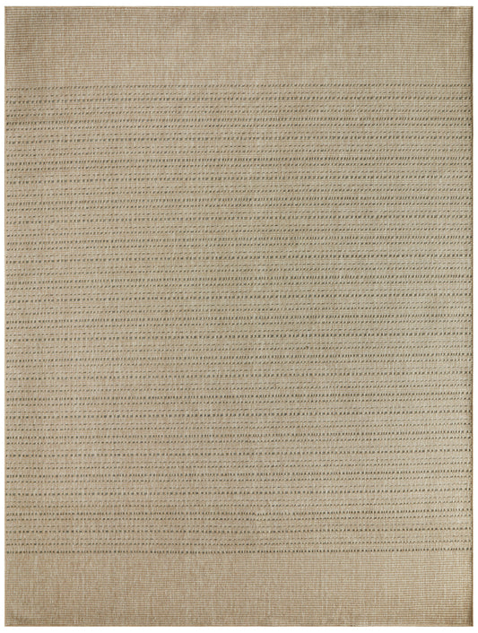Beige rectangular woven rug with subtle horizontal stripes, darker border, natural jute texture.