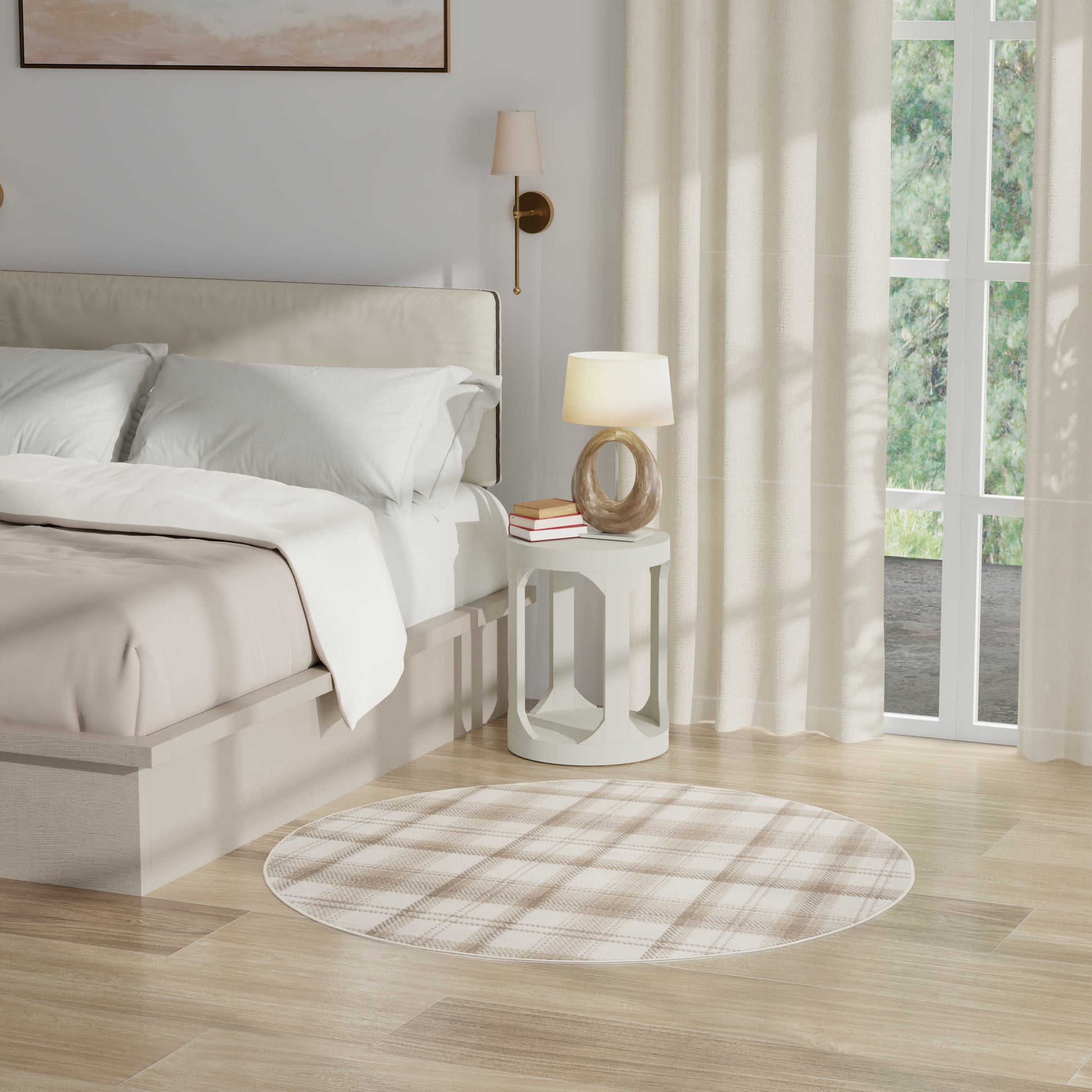 Neutral bedroom with cream bedding, circular plaid rug, white round nightstand, stone lamp, beige curtains & glass doors.