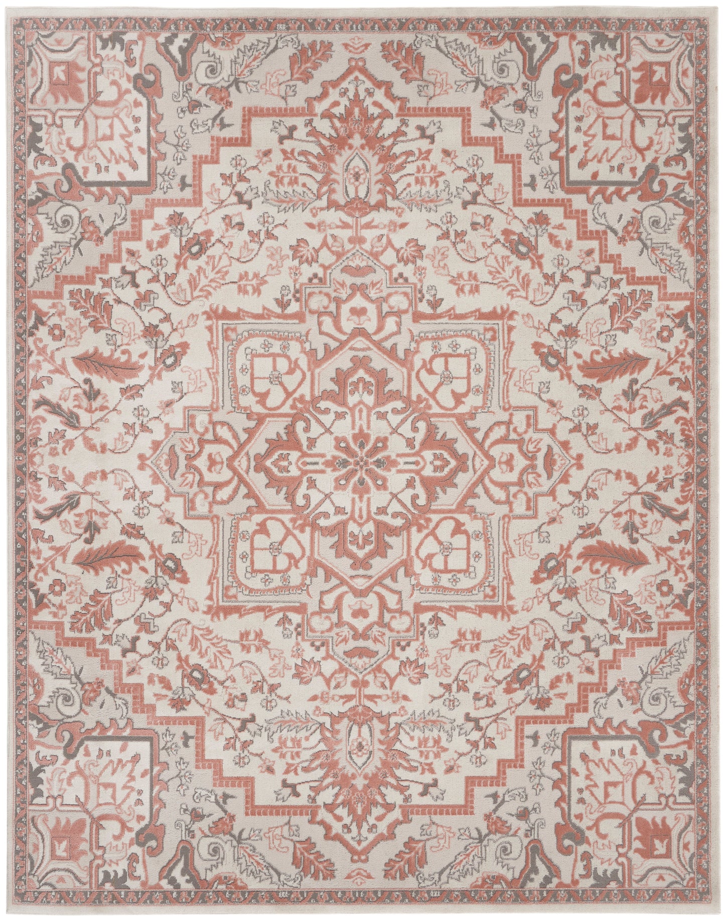 Pink and gray Persian-style rug with a central medallion, floral vines, and geometric border on beige background.