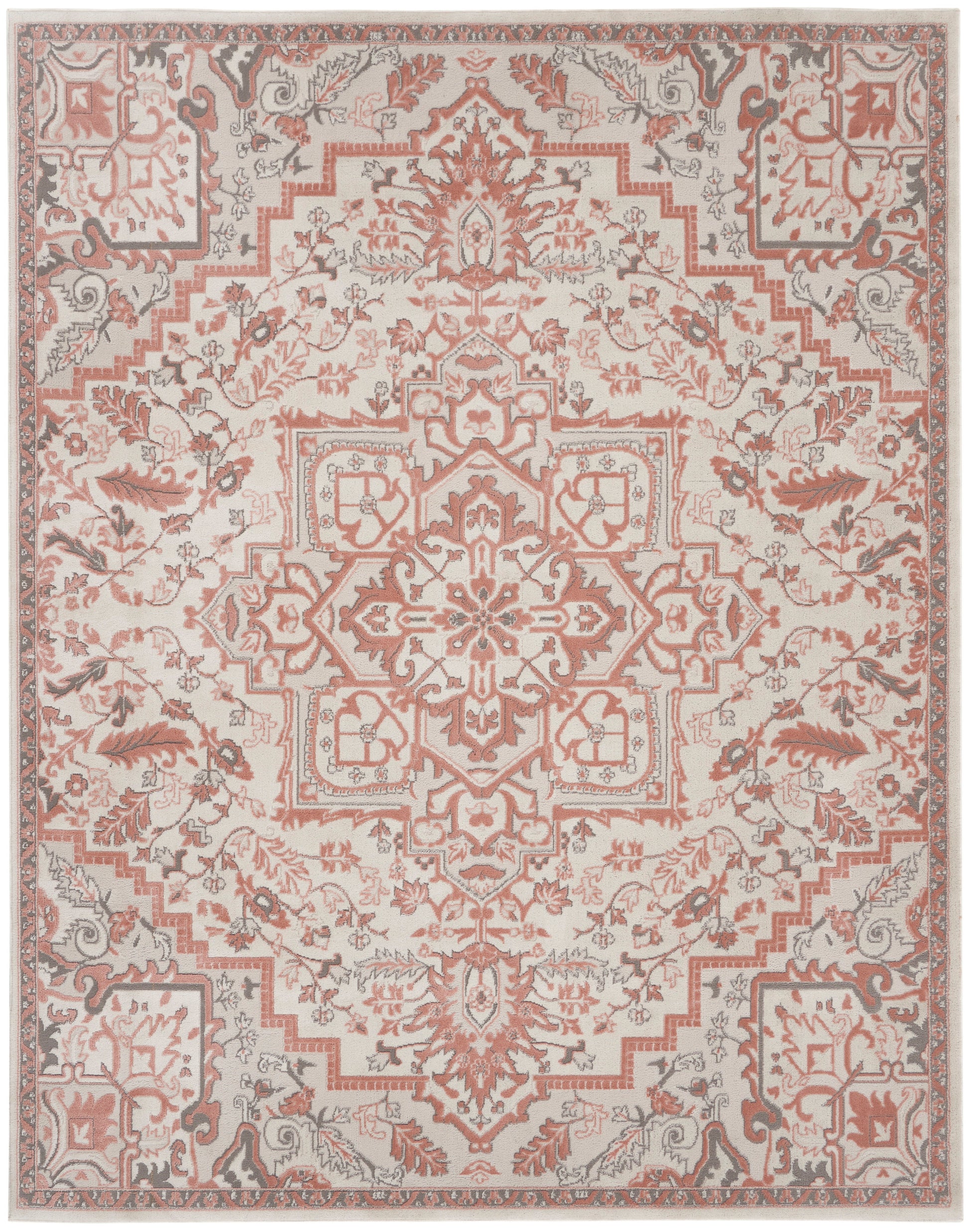 Pink and gray Persian-style rug with a central medallion, floral vines, and geometric border on beige background.