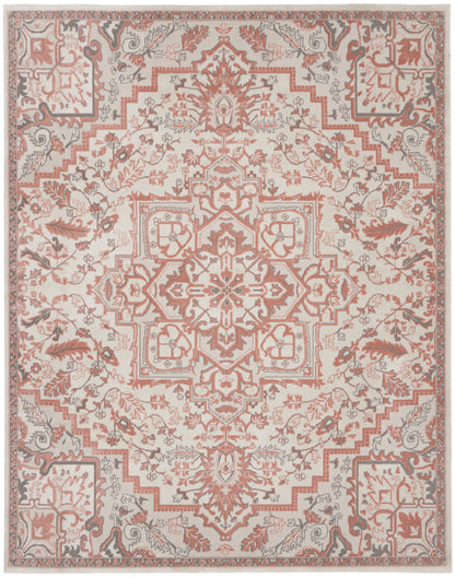 Pink and gray Persian-style rug with a central medallion, floral vines, and geometric border on beige background.