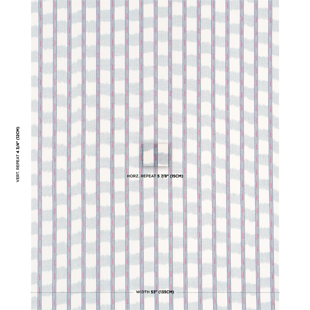 Blue and white striped fabric with thin red pinstripes, vertical repeat pattern; shirting-weight cotton.