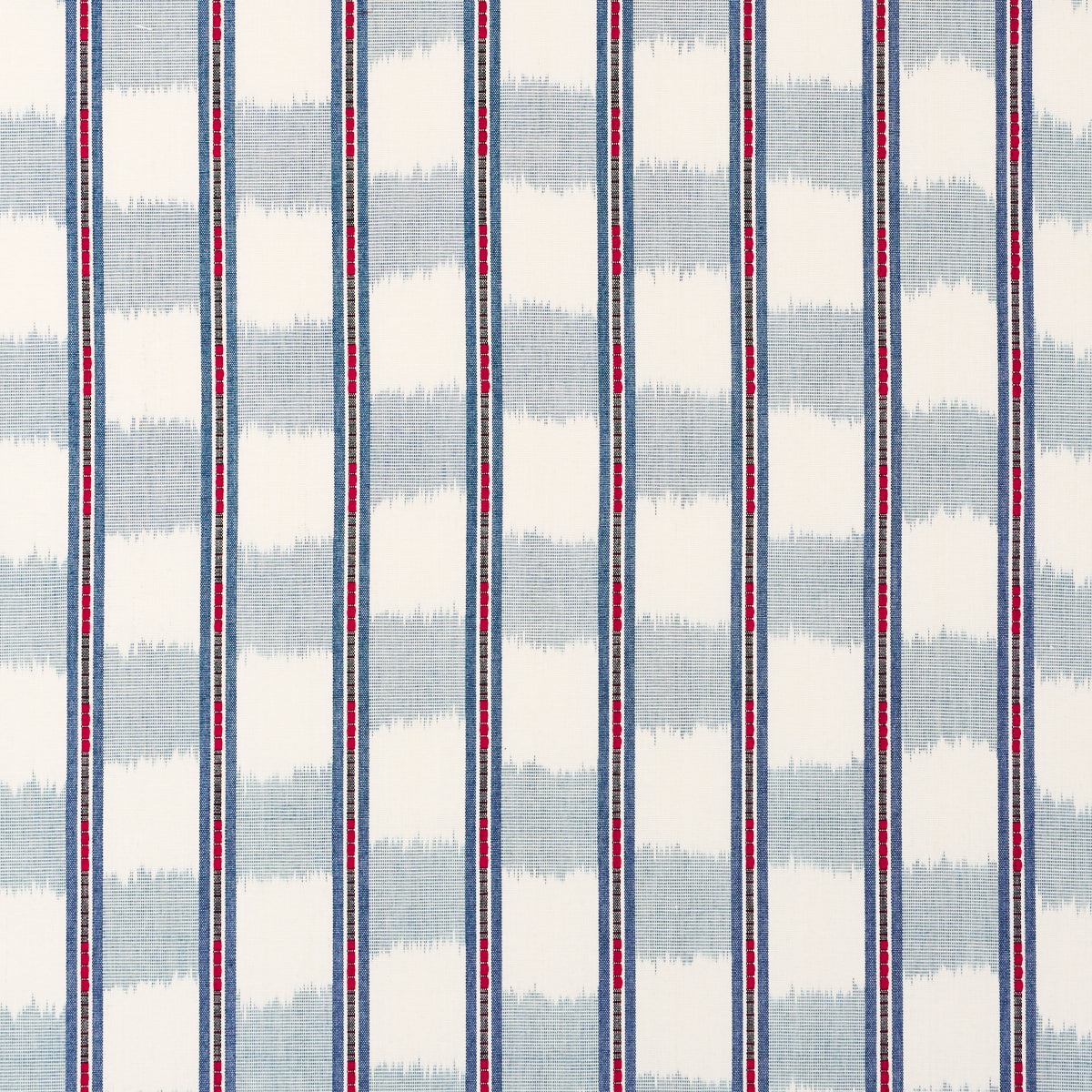 Blue and white vertical ikat-style striped fabric with thin red dotted accents; woven textile for curtains or upholstery.