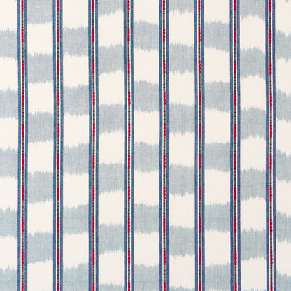 Blue and white vertical ikat-style striped fabric with thin red dotted accents; woven textile for curtains or upholstery.