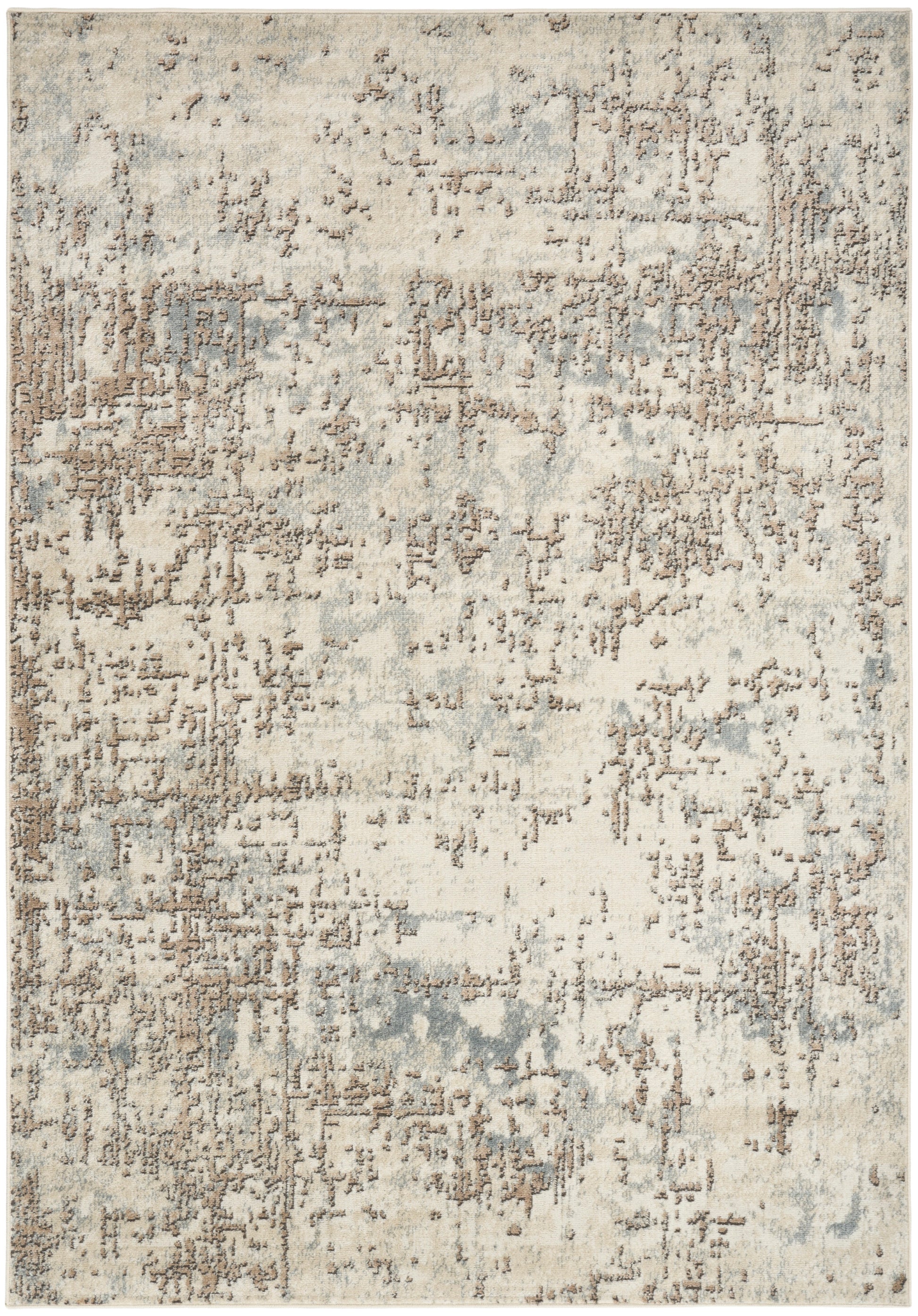 Rectangular distressed abstract area rug in ivory, beige, taupe with pale blue accents.