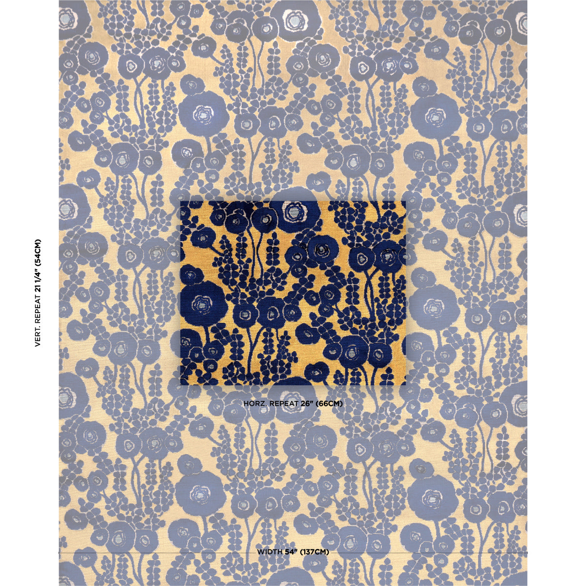 Beige fabric with dense blue floral print; inset navy square shows color variation.