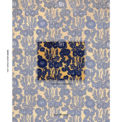 Beige fabric with dense blue floral print; inset navy square shows color variation.