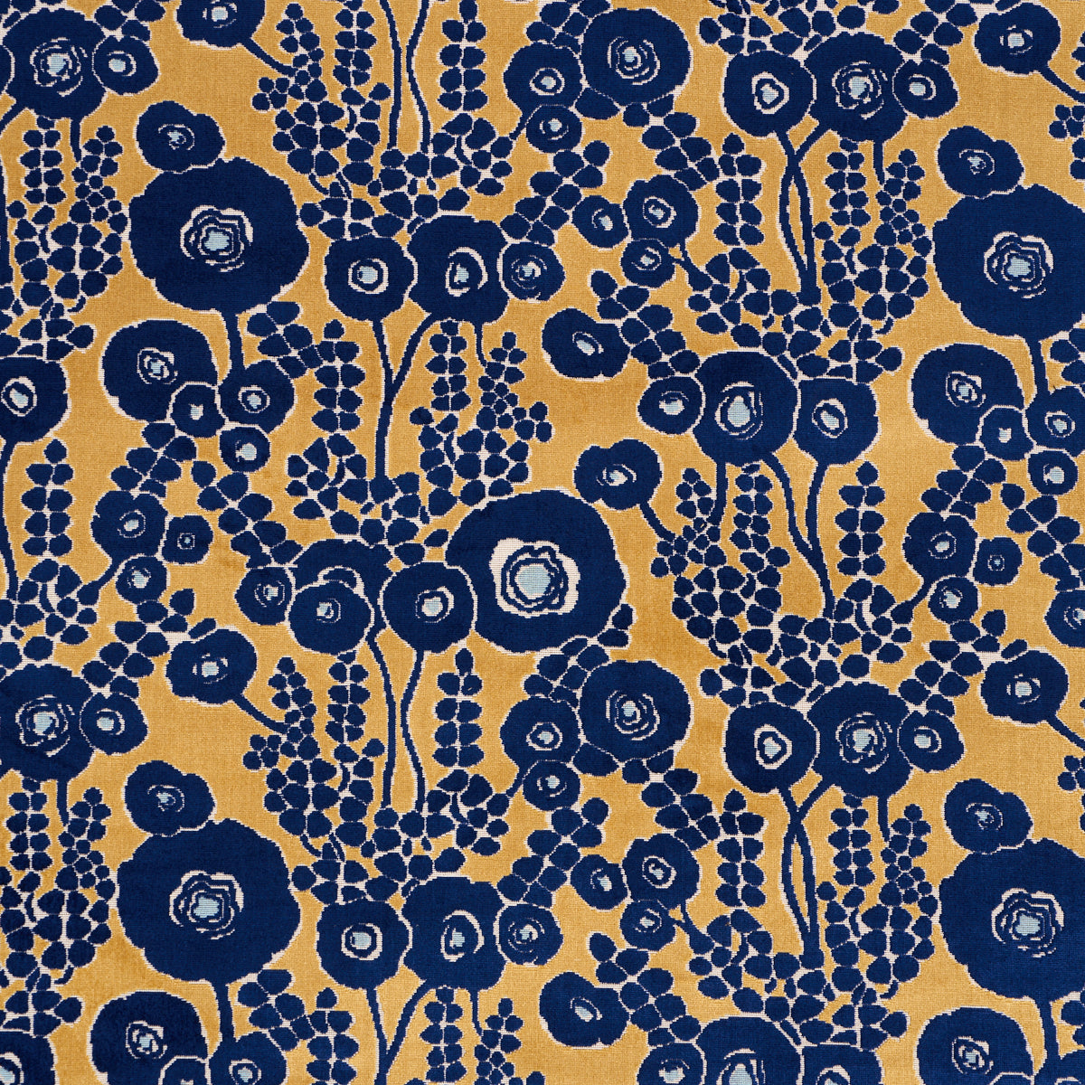 Velvet woven fabric with a cut- and patterned design in sapphire and gold.
