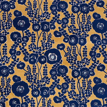 Velvet woven fabric with a cut- and patterned design in sapphire and gold.