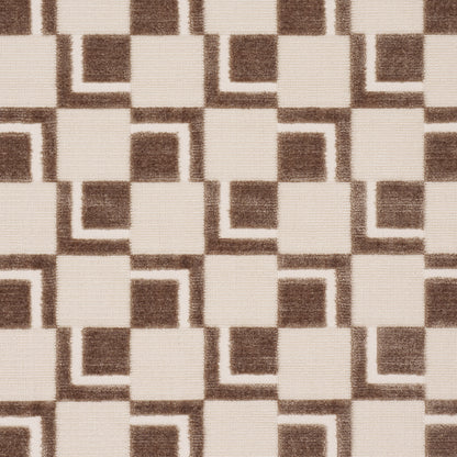 Beige and brown geometric rug pattern with interlocking squares and L-shaped corners; textured woven look.