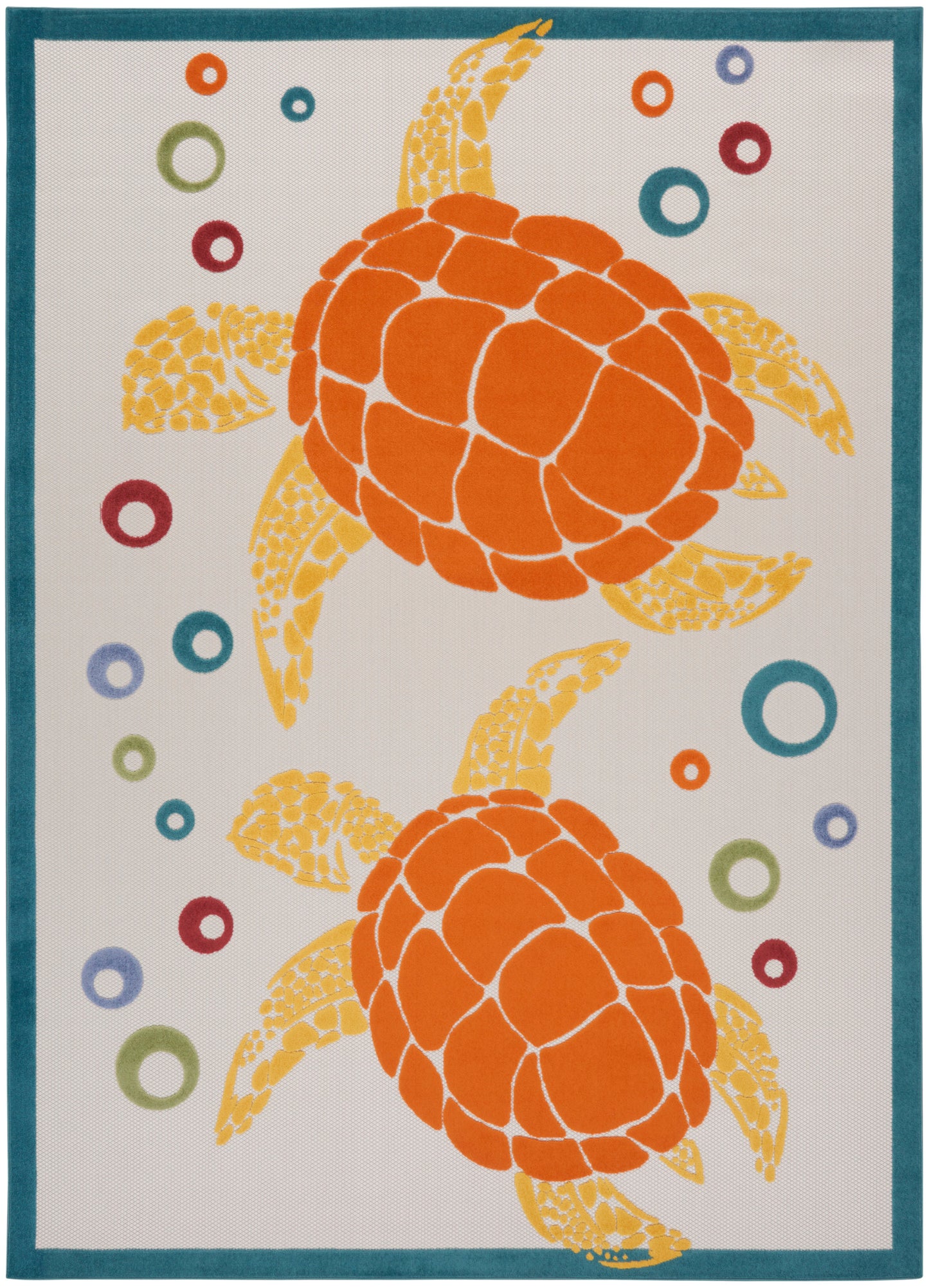 Rug with two orange sea turtles in yellow outlines on a white field, teal border and multicolor ring accents.