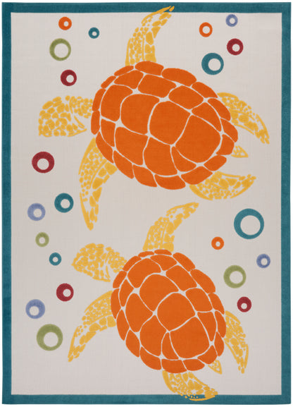 Rug with two orange sea turtles in yellow outlines on a white field, teal border and multicolor ring accents.