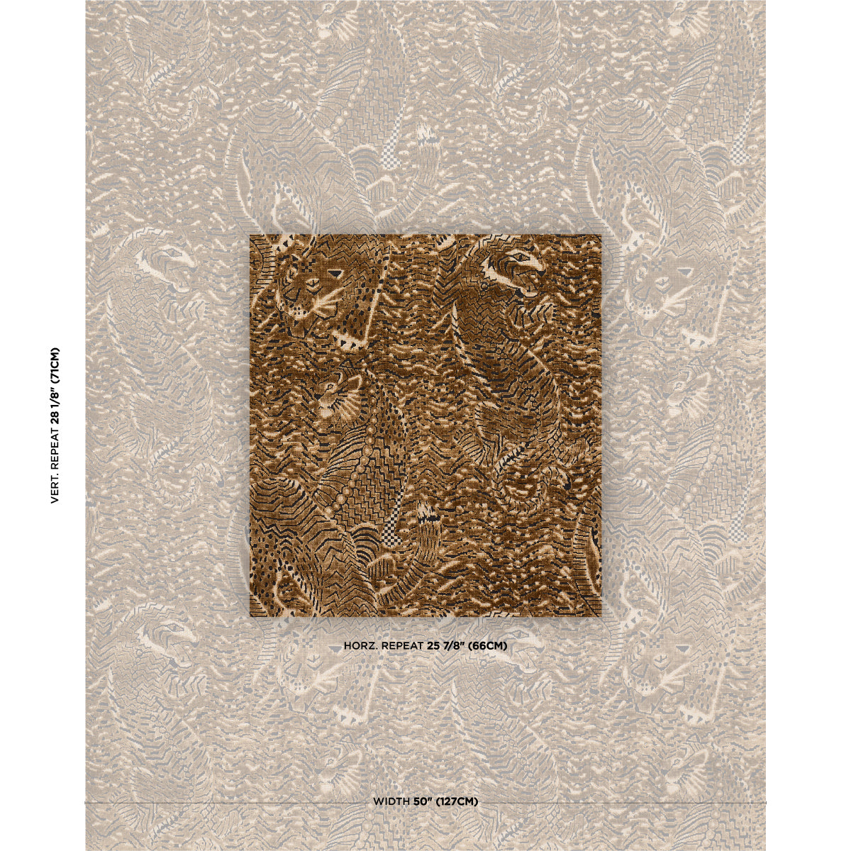 Beige lace wallpaper with a brown square damask fabric swatch in the center; decorative wallcovering sample.