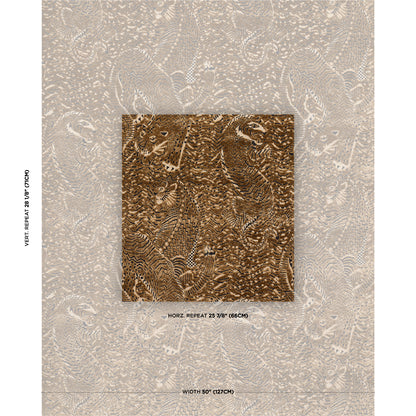 Beige lace wallpaper with a brown square damask fabric swatch in the center; decorative wallcovering sample.