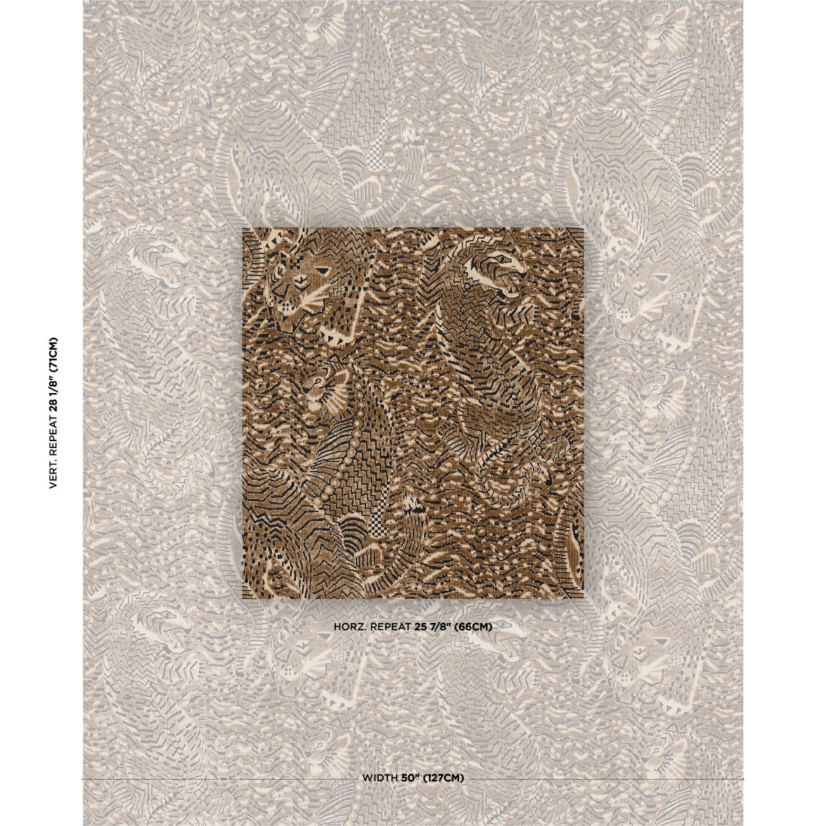Beige lace floral textile with a brown center swatch showing tiger-stripe pattern; fabric repeat layout.