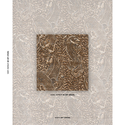 Beige lace floral textile with a brown center swatch showing tiger-stripe pattern; fabric repeat layout.