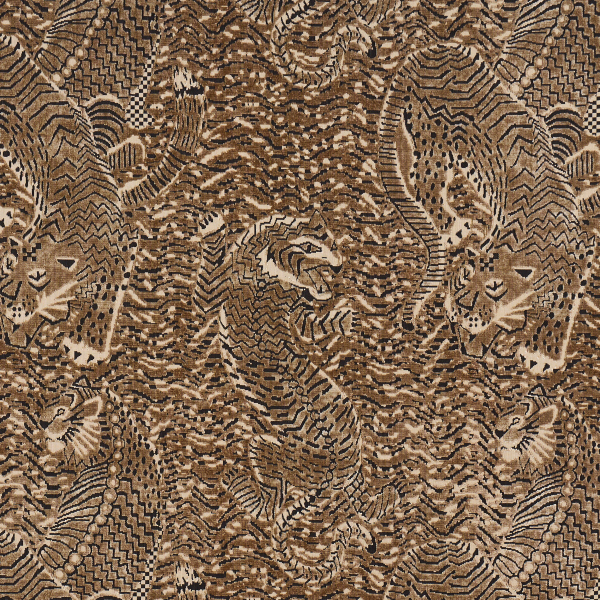 Brown and beige tiger-patterned fabric with mirrored tigers and wavy zigzag graphics; jungle-inspired textile.