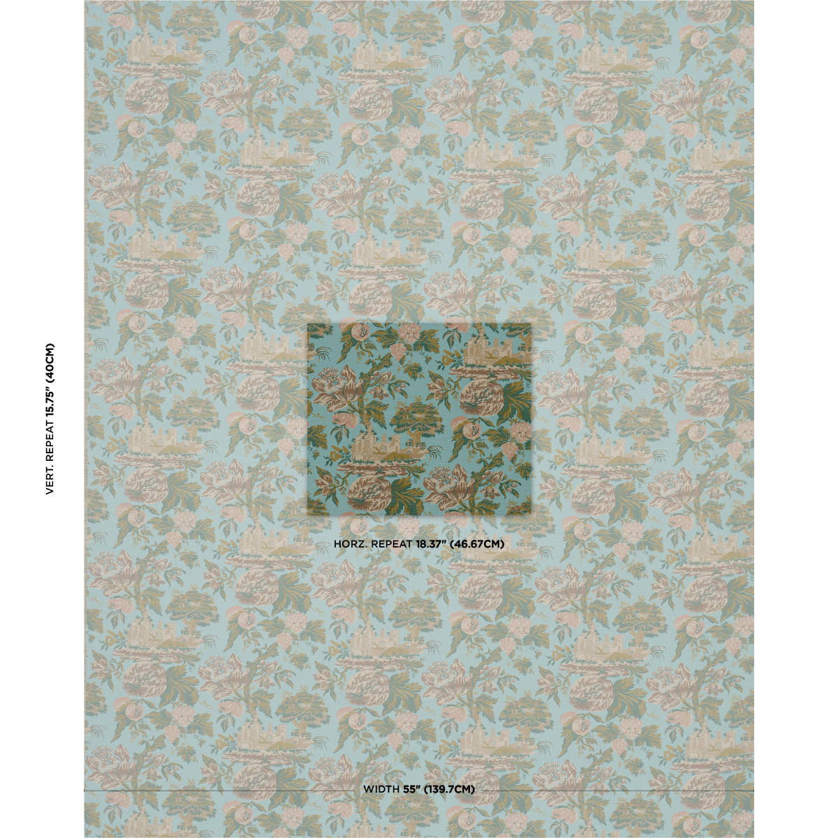 Pastel blue wallpaper featuring pink-beige florals and pagoda-like motifs; toile-inspired wall covering.