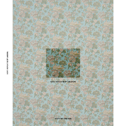 Pastel blue wallpaper featuring pink-beige florals and pagoda-like motifs; toile-inspired wall covering.