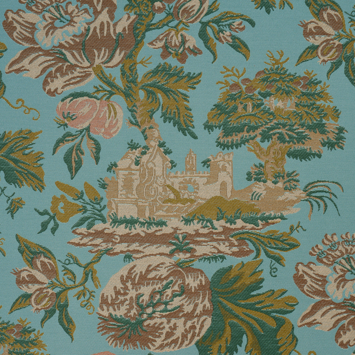 Teal damask-style fabric with large beige-brown floral motifs, green foliage, and a tan castle scene.