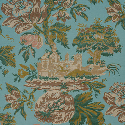 Teal damask-style fabric with large beige-brown floral motifs, green foliage, and a tan castle scene.