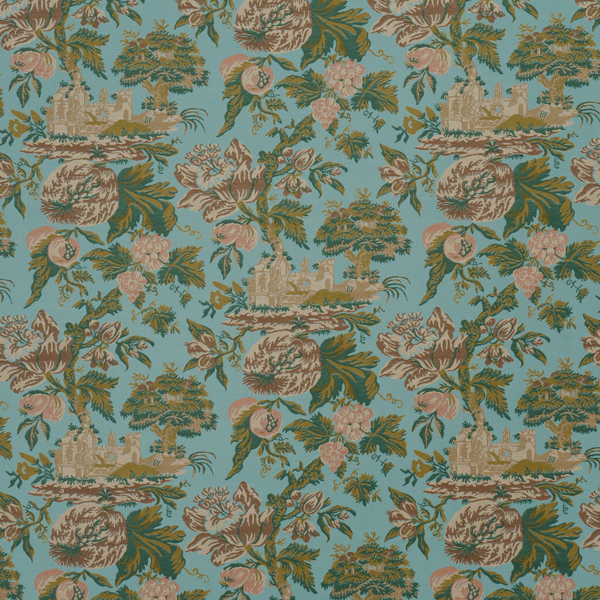Teal toile fabric featuring beige castle motifs, pink blossoms and green foliage in a vintage garden pattern.
