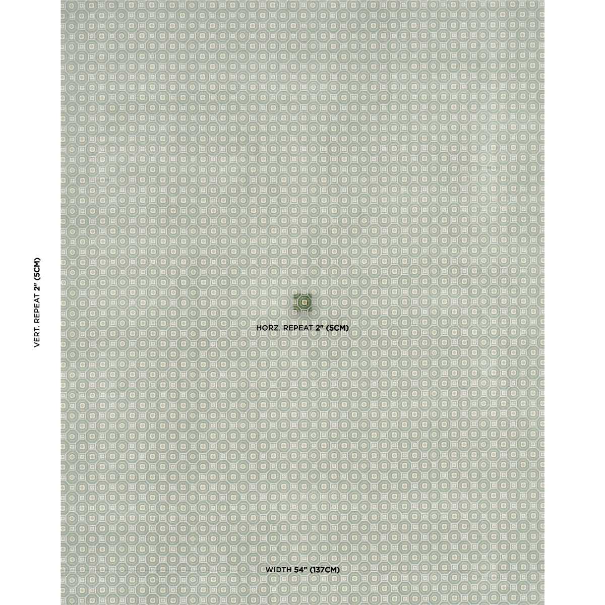 Muted sage-green wallpaper with a small repeating tile pattern of pale squares and circles; vintage geometric print.