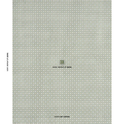 Muted sage-green wallpaper with a small repeating tile pattern of pale squares and circles; vintage geometric print.