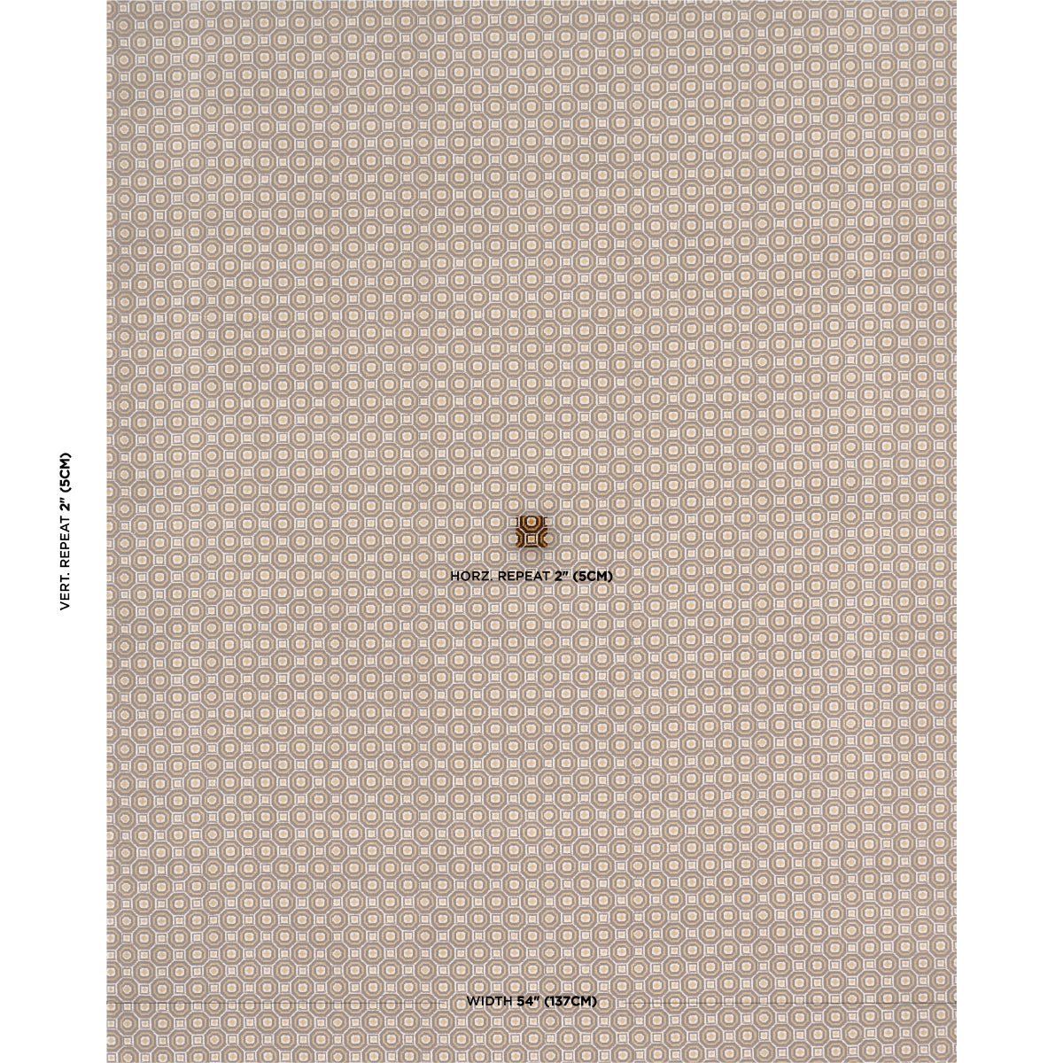 Beige taupe geometric fabric with tiny circular tile motifs; repeating upholstery pattern sample.