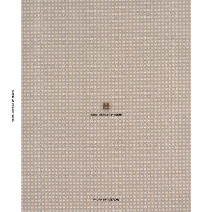 Beige taupe geometric fabric with tiny circular tile motifs; repeating upholstery pattern sample.