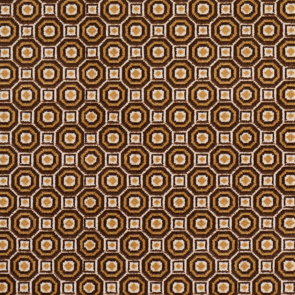 Brown, tan & cream retro geometric fabric with concentric circles & square motifs for upholstery.