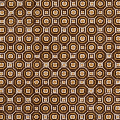 Brown, tan & cream retro geometric fabric with concentric circles & square motifs for upholstery.