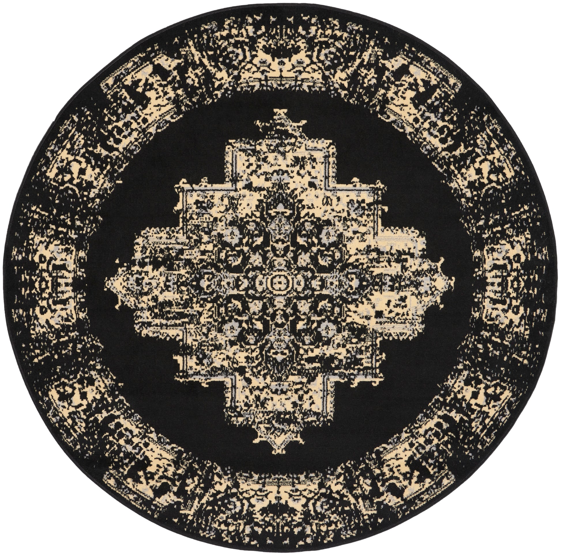 Round black rug with a beige distressed oriental medallion and decorative border.