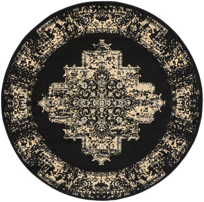 Round black rug with a beige distressed oriental medallion and decorative border.