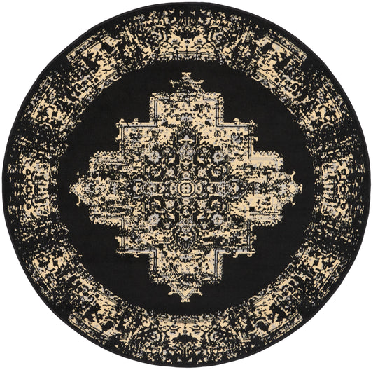 Round black rug with a beige distressed oriental medallion and decorative border.