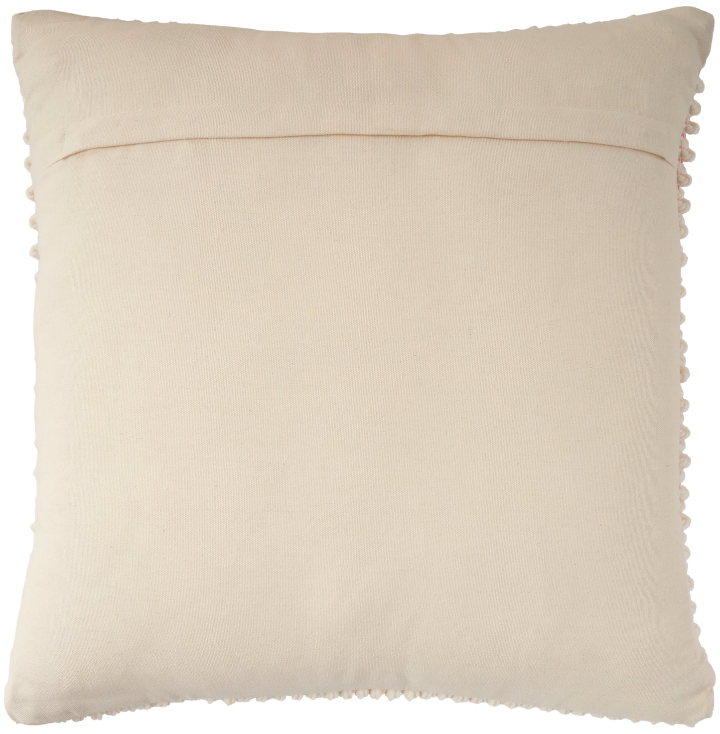 Beige square throw pillow with tassel fringe along all edges; soft linen-look cushion.