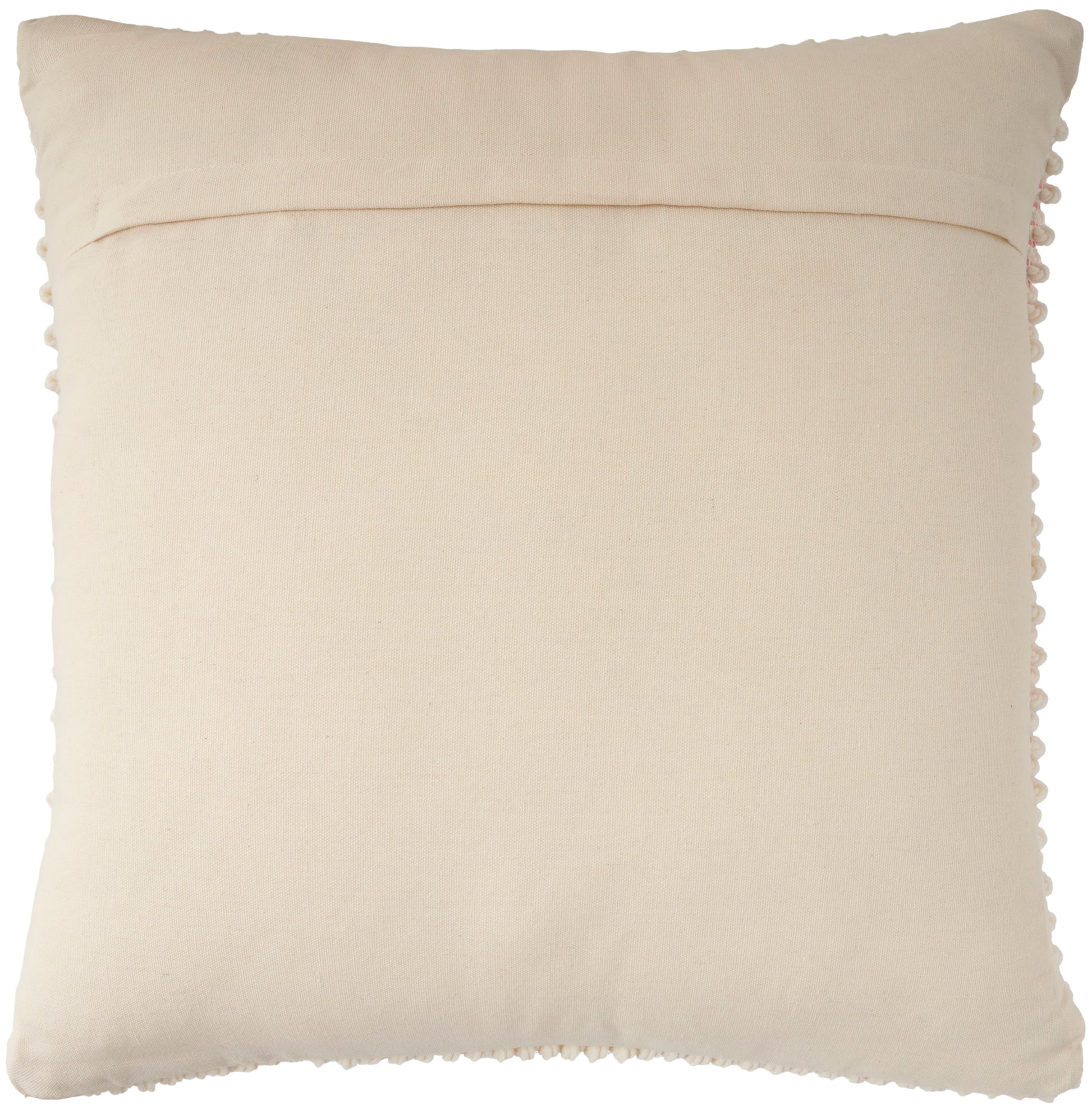 Beige square throw pillow with tassel fringe along all edges; soft linen-look cushion.