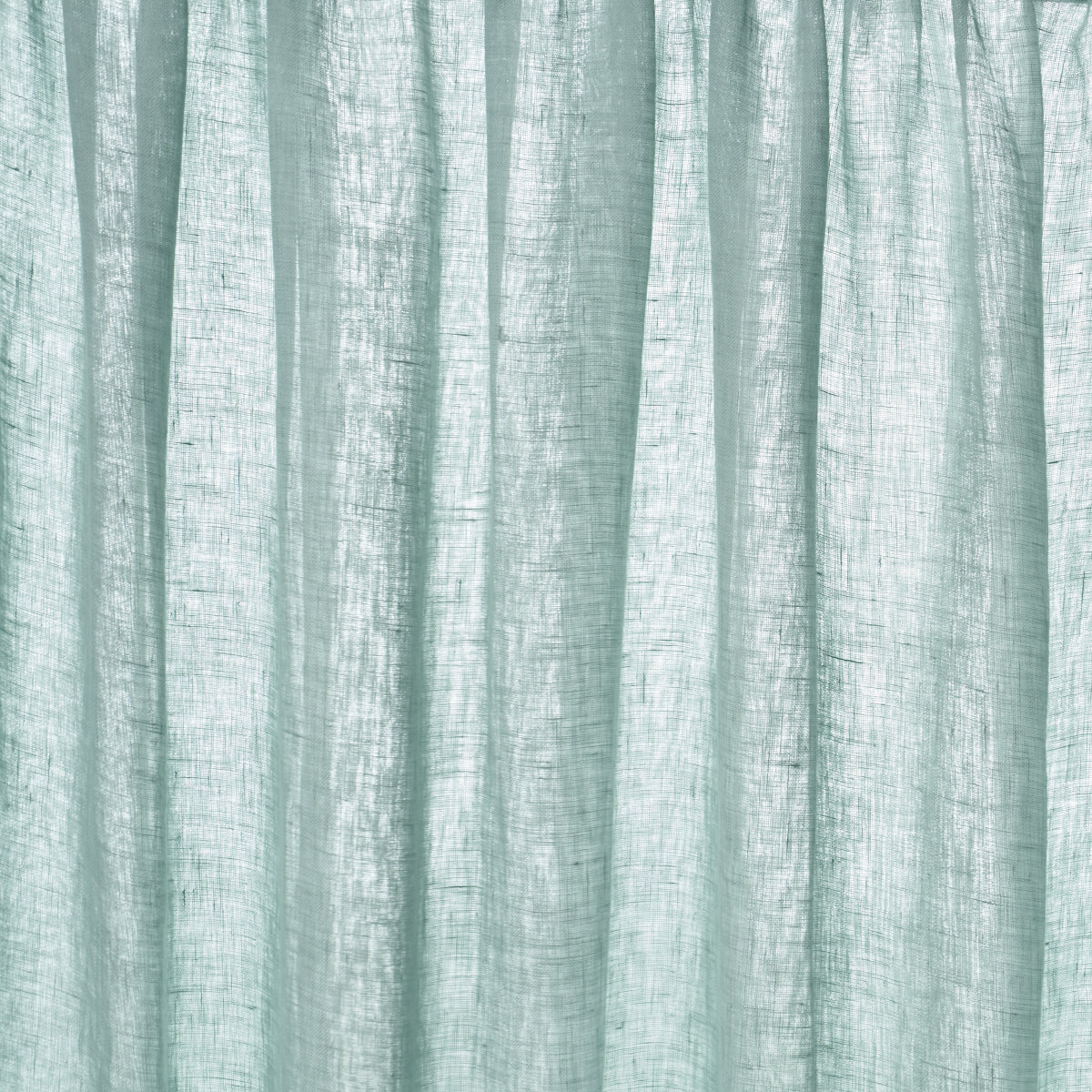 Mint green sheer curtain with soft vertical folds and linen-like texture.