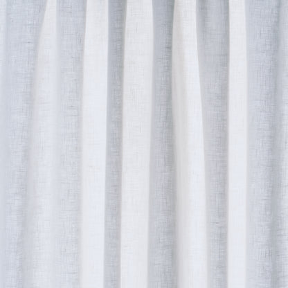 Light gray linen curtain panels with textured fabric and vertical pleats.