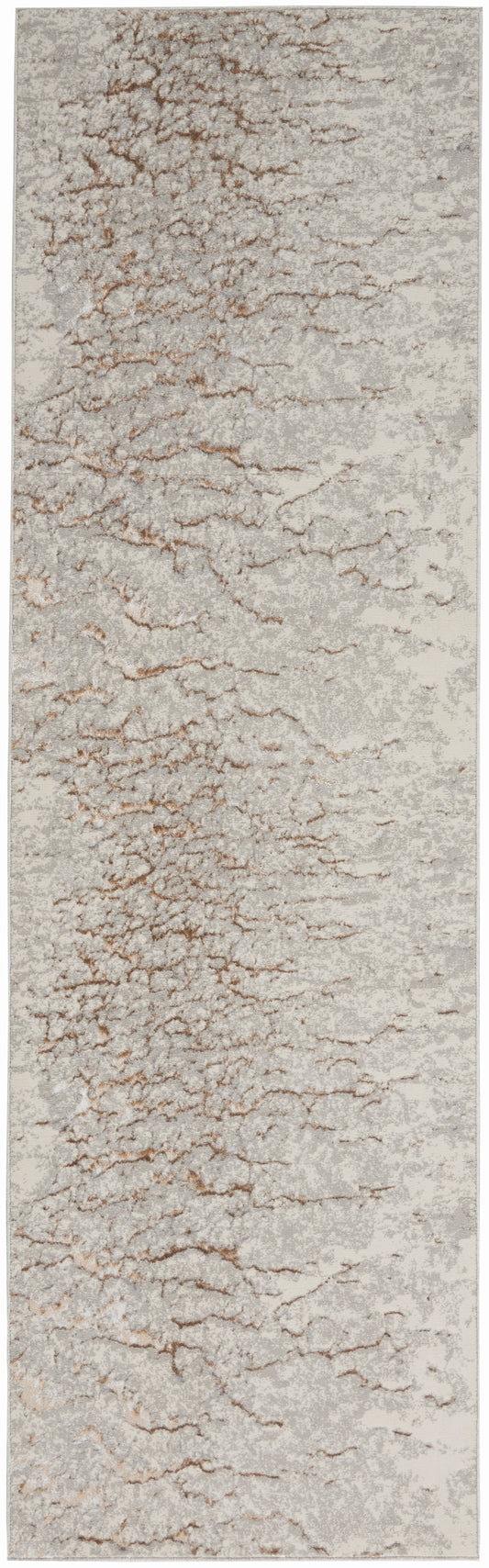 Long rectangular runner rug with light gray and warm copper-brown marbled pattern, distressed contemporary look.