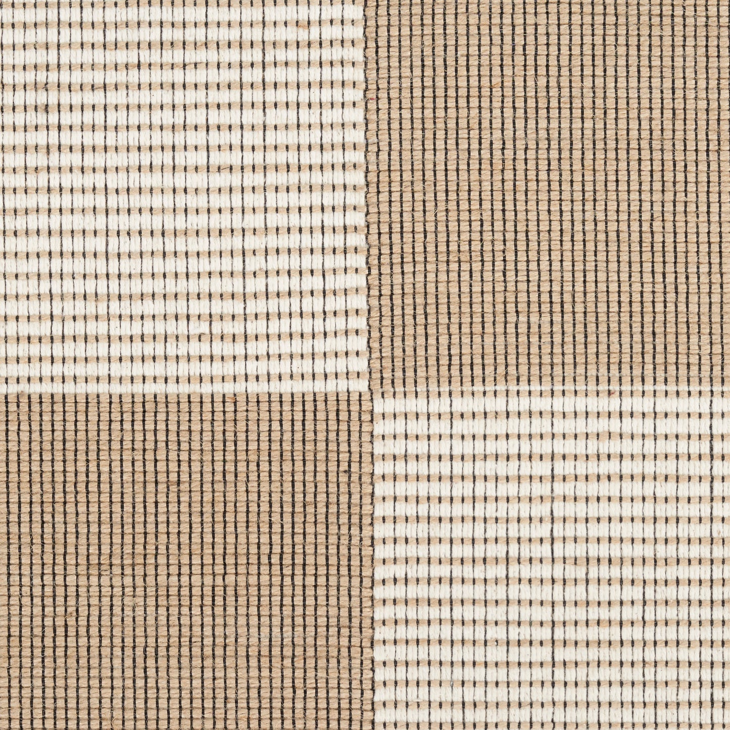 Beige and ivory woven checkerboard textile with fine vertical stripes, square patchwork rug or placemat.