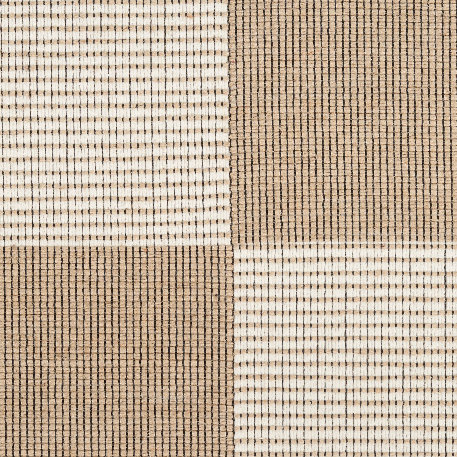 Beige and ivory woven checkerboard textile with fine vertical stripes, square patchwork rug or placemat.
