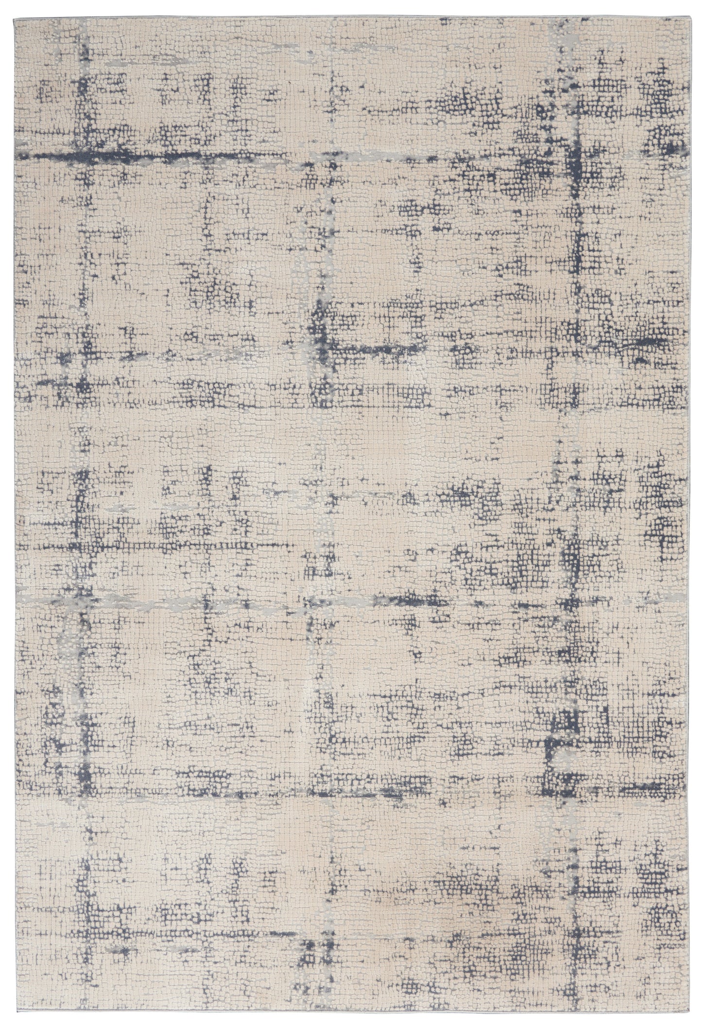 Beige textured rectangular rug with a dark blue-gray distressed grid pattern; modern, versatile for living rooms.