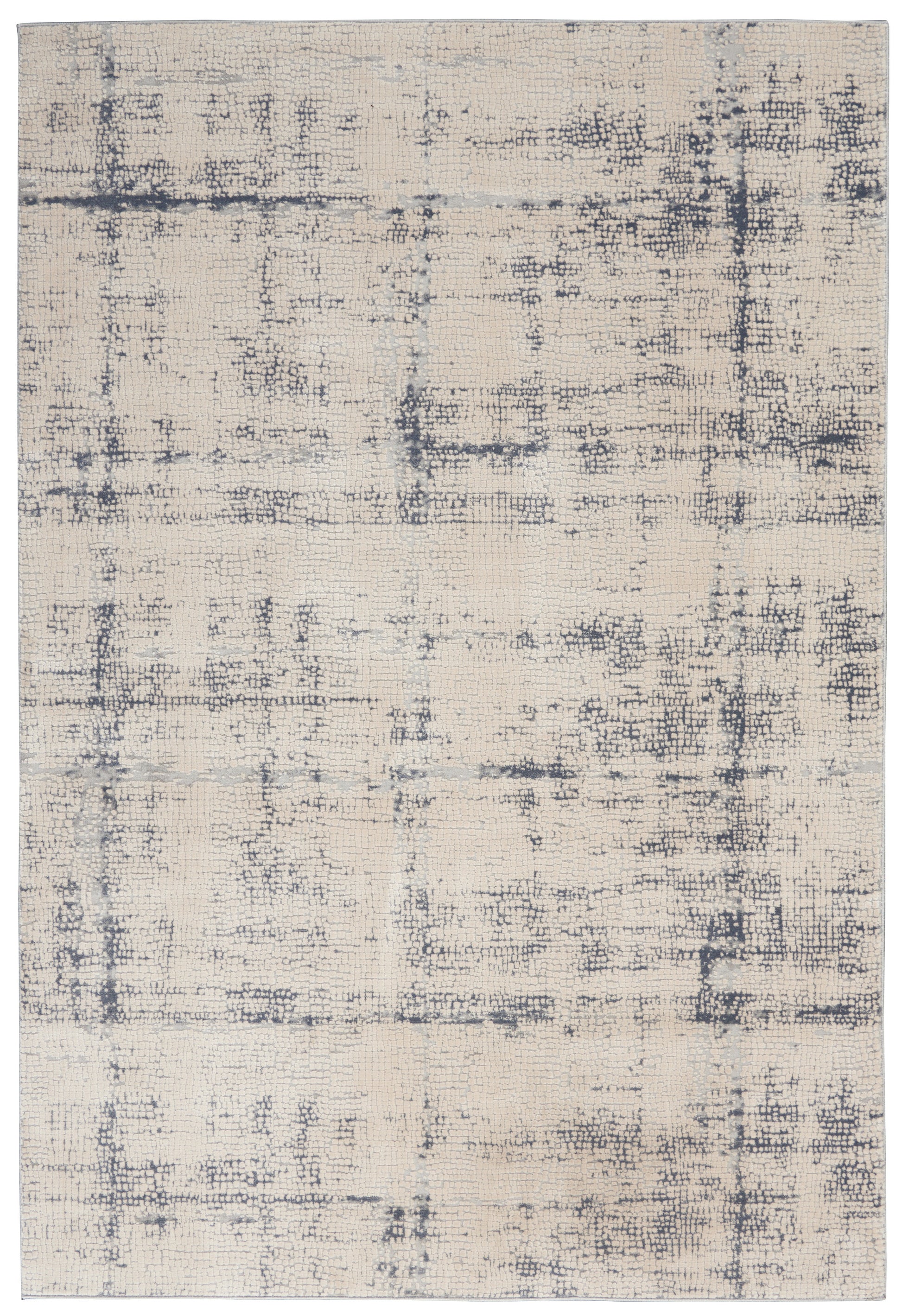Beige textured rectangular rug with a dark blue-gray distressed grid pattern; modern, versatile for living rooms.