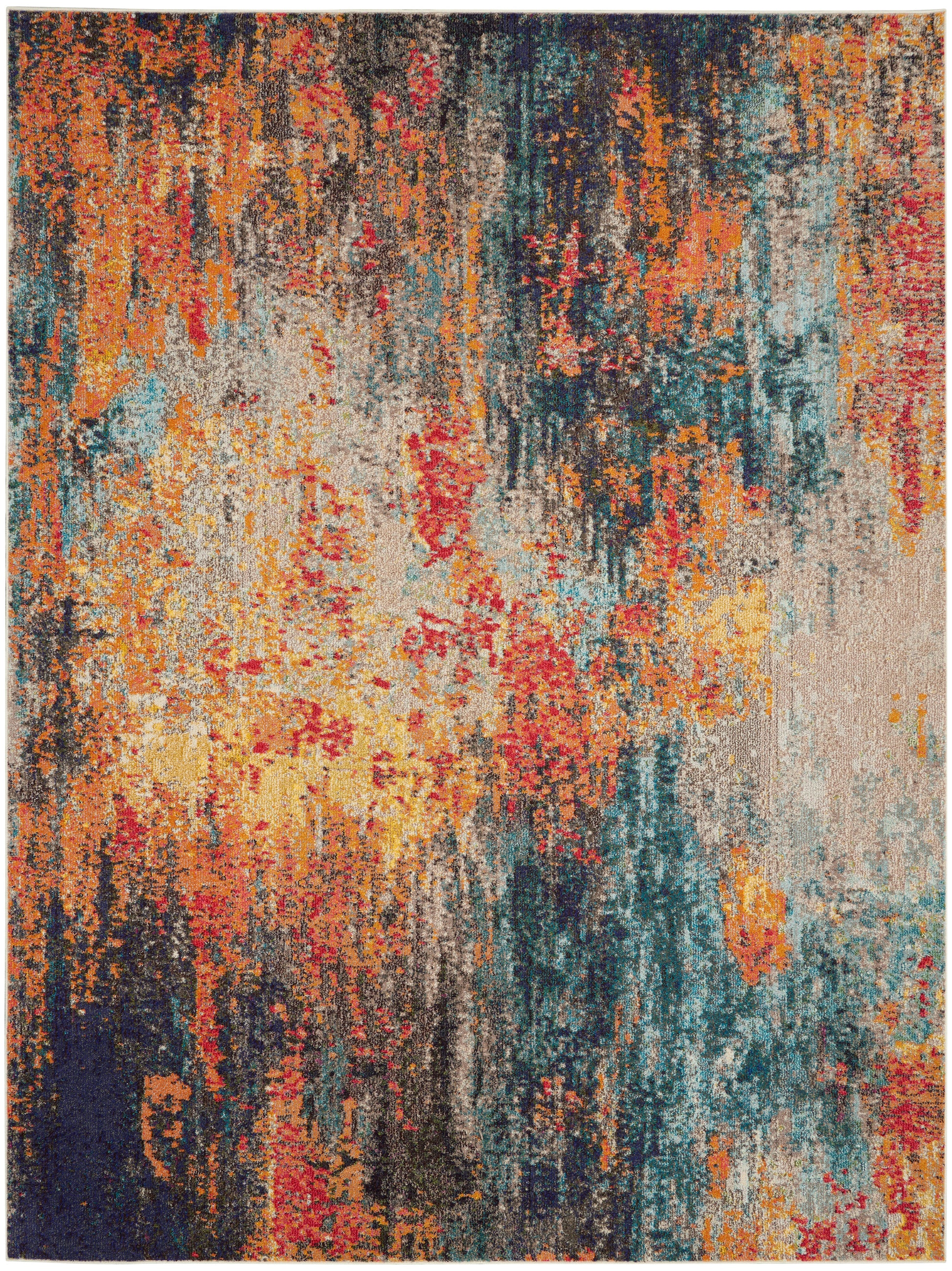 Abstract multicolor area rug with orange, teal, yellow, red and navy; distressed pattern, rectangular, modern decor.