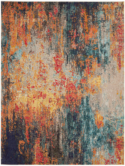 Abstract multicolor area rug with orange, teal, yellow, red and navy; distressed pattern, rectangular, modern decor.